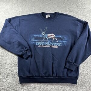 VINTAGE‎ Nature Crewneck Mens Large Blue Deer Hunting USA American Flag